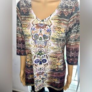 One World,  “Day of the Dead” shirt with sparkles. Sz L 3/4 length sleeves.